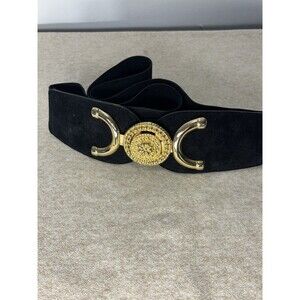 VTG Fashion Womens Black Stretch Elastic Belt Gold Buckle Sz. XL